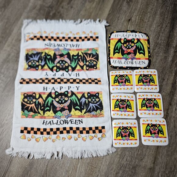 Vtg Halloween B&D Terry Cloth Kitchen Towel Pot Holder Coasters Bats Candy Corn - Picture 1 of 5